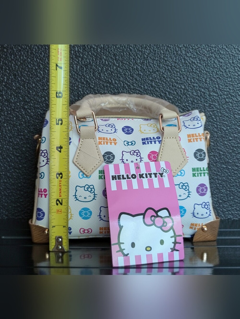 Hello Kitty Multicolor Mini Crossbody Bag w/Metal Feet Beige Trim Sanrio Gift - Picture 7 of 8